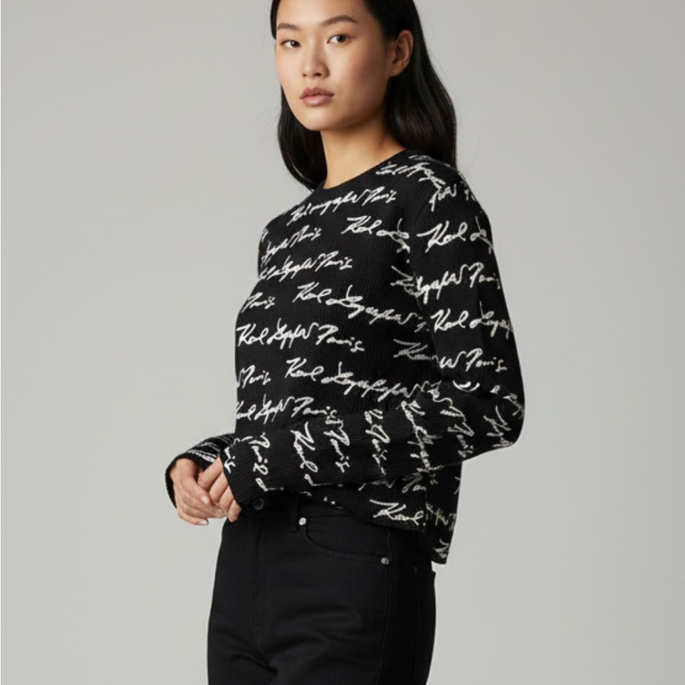 Karl Lagerfeld Black and White Script Logo Long Sleeve Tee